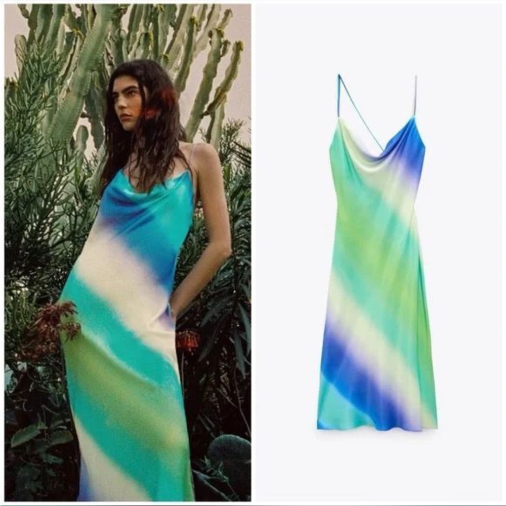 Zara multicolored Maxi Slip Dress with Cowl Neck